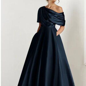 NWT Navy Satin Sz 16 A-Line/Princess One-shoulder1/2 Sleeve Ankle-Length Dress